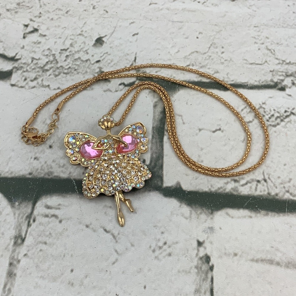 Dancing Ballerina Fairy Pendant Necklace Gold Toned Chain‎ W Pink Rhinestones